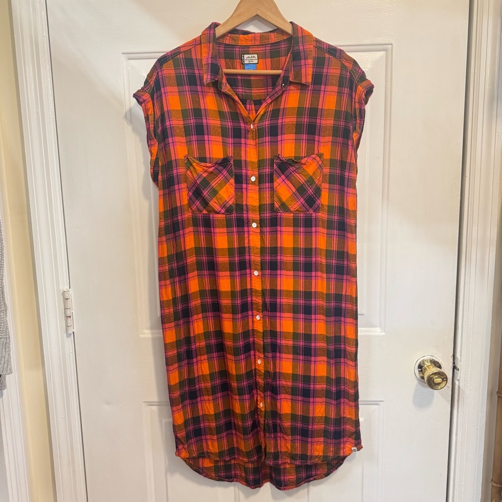 KAVU Flannel Midi "Hot Tropic" Plaid Button Down Mini Dress L